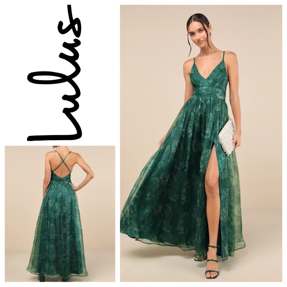 Lulu's “Romance That Wows” Green Floral Print Organza Maxi Dress